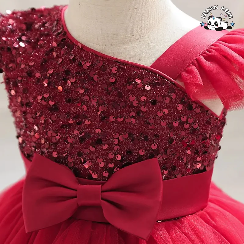 LEZONKIDS - Vestido Luxuoso Vermelho de Manga Curta com Lantejoulas para Meninas, para Casamento de Verão